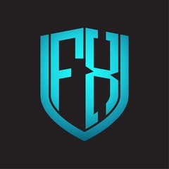 FX Logo monogram with emblem shield design isolated with blue colors on black background