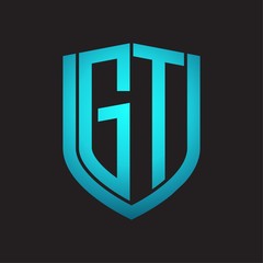 GT Logo monogram with emblem shield design isolated with blue colors on black background
