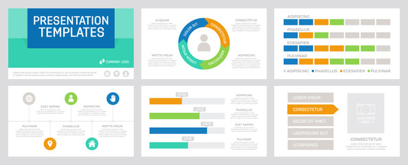Set of blue and turquoise, green, orange elements for multipurpose presentation template slides with graphs and charts.