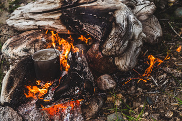 Kettle stands on fire. Cooking food at fire in wild. Beautiful big log burns in bonfire close-up....