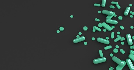 Text space and stacked pills. 3d rendering of pills. health care background.