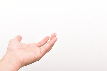 Man's hand to something isolated on white background.