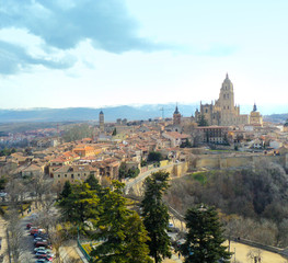 Naklejka premium Segovia Old Town, Spain. View of beautiful old buildings in the city.