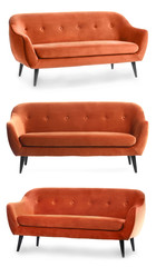 Collage with modern sofa on white background