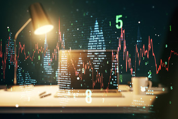 Multi exposure of abstract creative financial chart on computer background, research and analytics concept