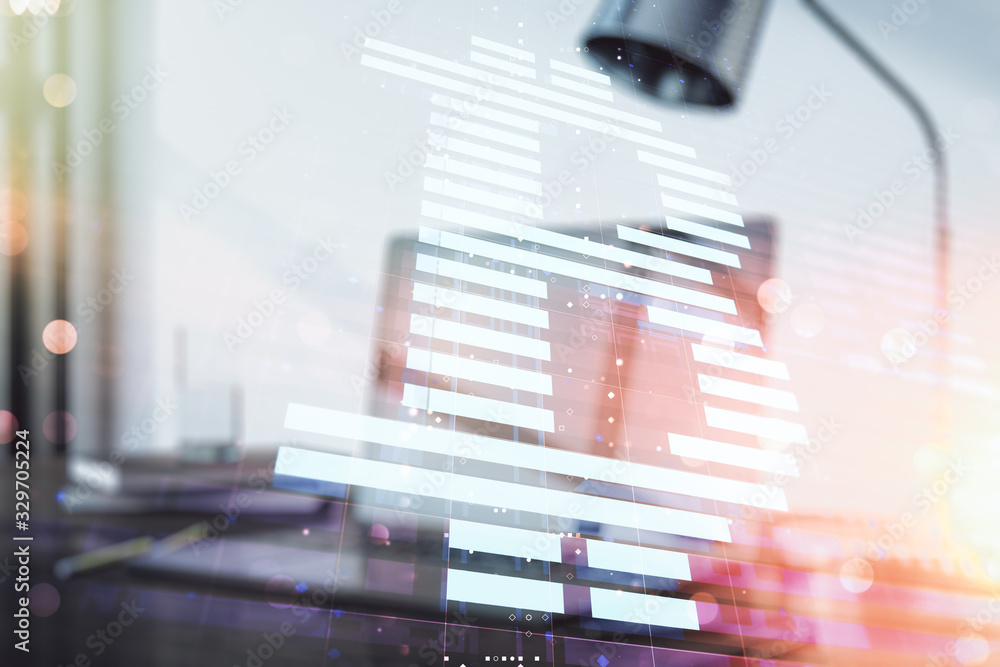 Poster double exposure of creative bitcoin symbol hologram with computer on background. mining and blockcha
