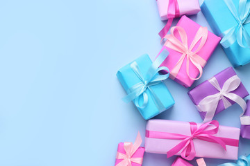 Many Birthday gifts on color background