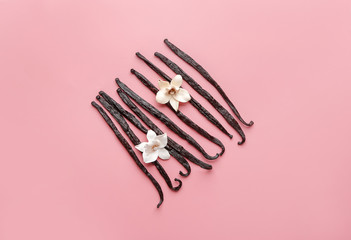 Aromatic vanilla sticks on color background