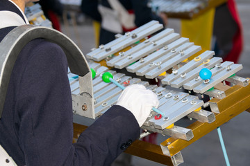 Xylophone executed by a young man in an independence parade, military march, demonstration of...