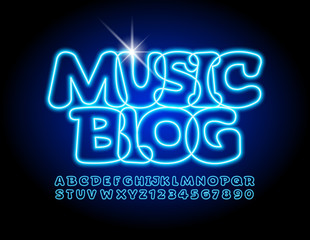 Vector creative logo Music Blog. Blue Neon Alphabet Letters and Numbers. Glowing bright Font