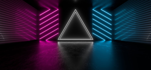 Dark hall with bright colored neon lights on a black background. 3d rendering image.