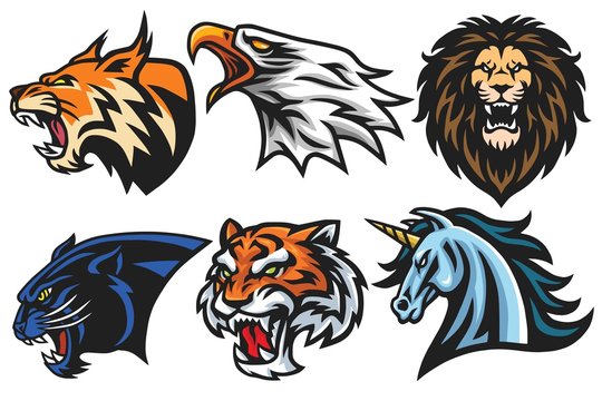 Wild Animals Heads Logo Mascot Set. Lion, Tiger, Jaguar, Lynx, Eagle, Unicorn - Vector Mascot Logo Design Pack