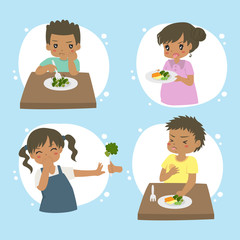 Set of African American kids refuse to eat vegetables. Children hate vegetables, character vector set.