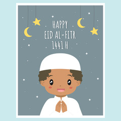 Happy Eid Mubarak 1441 H greeting card, happy little Muslim African American boy cartoon vector. Printable Eid Al-Fitr card with hanging moon and stars decoration vector