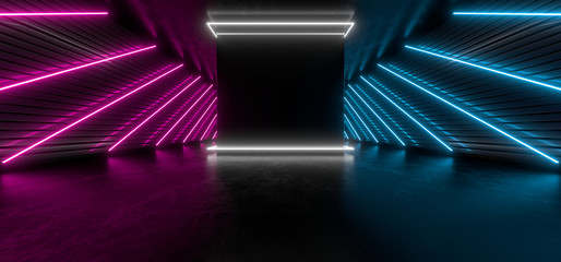 Dark hall with bright colored neon lights on a black background. 3d rendering image.