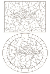 Set of contour illustrations of stained glass Windows with swordfish and algae, dark contours isolated on a white background