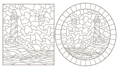 Set of contour illustrations of stained glass Windows with seascapes, lighthouses on the background of the sea and the Sunny sky