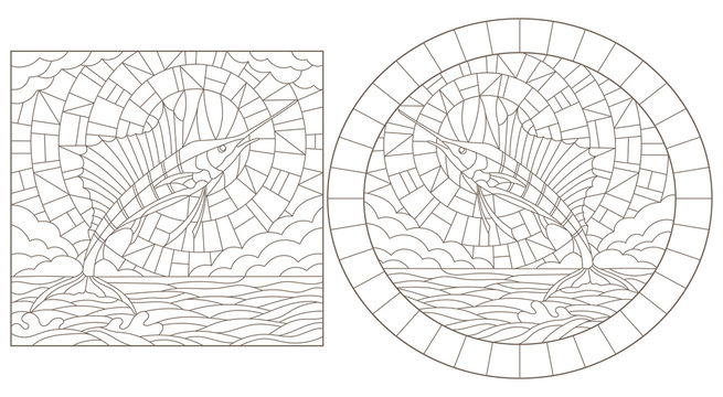 Set contour illustrations of stained glass with a fishes sailboat on the sea background ,cloud, sky and sun