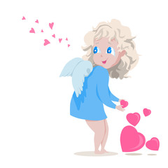 Little cute angel gives pink hearts. Cartoon character flat design.