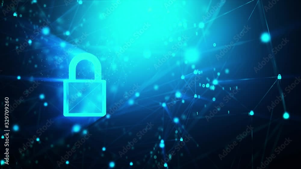 Poster 3d rendering lock icon with random 0 1 binary digit number and connection chain background, for digi