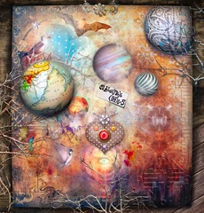 Photo sur Plexiglas Imagination Paysage surréaliste avec planètes, étoiles, champignons magiques et coeur