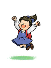ジャンプする子供B_2（小学生、リュックサック、女の子）