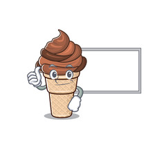 cute chocolate ice cream cartoon character Thumbs up bring a white board