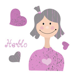 Portrait of a cute smiling girl with a ponytail on her head. Cartoon vector drawing. Lettering Hello and hearts. Design pajamas, fabric, cover, postcard.