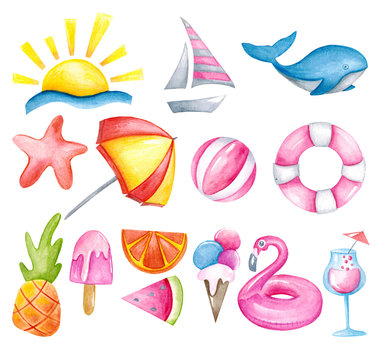 Things about summer stuffs colorful watercolor painting set on white background. Starfish, whale, juice, ice cream, inflatable flamingo, lifebuoy, beach ball, pineapple, sun, boat on white isolated.