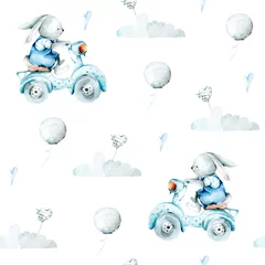 Photo sur Plexiglas Lapin Dessin à la main du motif pour enfants aquarelle Lapin sur un vélo et des nuages. illustration isolé sur blanc