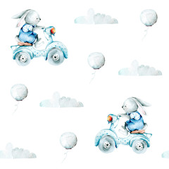 Dessin à la main du motif pour enfants aquarelle Lapin sur un vélo et des nuages. illustration isolé sur blanc