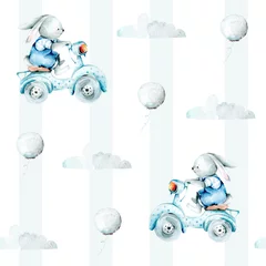 Tapeten Handzeichnung Aquarell Kindermuster Hase auf einem Fahrrad und Wolken. Abbildung isoliert auf weiß © 60seconds