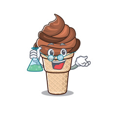 Smart Professor of chocolate ice cream mascot design holding a glass tube