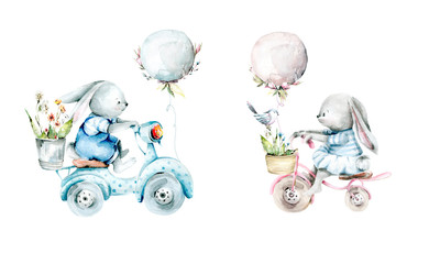 Hand tekenen aquarel lente set konijn op fietsen met ballonnen en bloemen in mand en emmer. illustratie geïsoleerd op wit