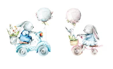 Fototapete Tiere mit Ballon Handzeichnung Aquarell Frühlingsset Hase auf Fahrrädern mit Luftballons und Blumen in Korb und Eimer. Abbildung isoliert auf weiß
