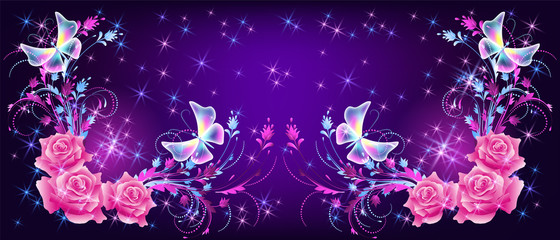 Flying fantasy butterflies with roses and sparkle stars