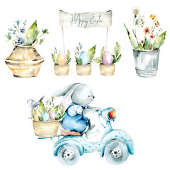 Hand drawing watercolor spring set of Bunny on a bike with an Easter basket with eggs and flowers. illustration isolated on white