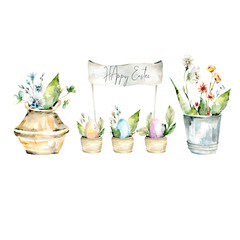 Hand drawing watercolor spring Easter set of eggs, baskets, flowers. illustration isolated on white