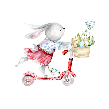 Hand drawing watercolor spring set of Bunny on a bike with an Easter basket with eggs and flowers. illustration isolated on white