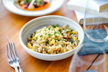 Modern style fried rice served in small portions. Suitable for light lunches.