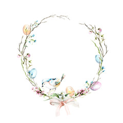 Hand drawing watercolor spring Easter wreath with  wild flowers, bird and branches. illustration isolated on white