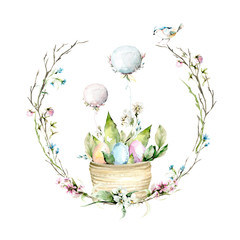 Hand drawing watercolor spring Easter set with wreath, wild flowers, bird and branches. illustration isolated on white