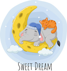 Cartoon elephant and cat sleeping on the moon