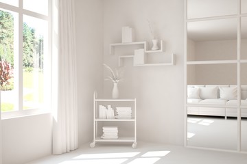 Empty room in white color. Scandinavian interior design. 3D illustration