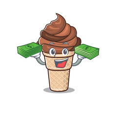 happy face chocolate ice cream character having money on hands