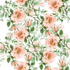 Roses, flowers, leaves, branches foliage Floral vintage seamless pattern. Gold, blush pink and green. illustration watercolor hand paint For design textiles, paper, wallpaper