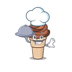 Chocolate ice cream as a chef cartoon character with food on tray
