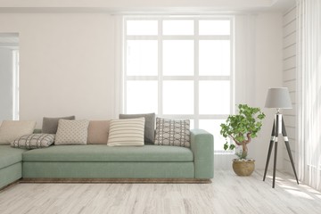 Fototapeta premium Modern living room in white color with sofa. Scandinavian interior design. 3D illustration