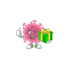 Cheerful corona virus parasite cartoon character holding a gift box