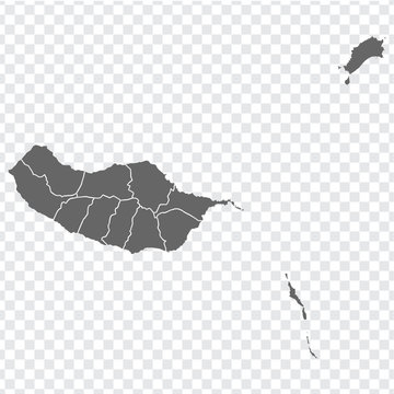 Blank map of Madeira. High quality map of Madeira with provinces on transparent background for your web site design, app, UI.  Africa. EPS10.